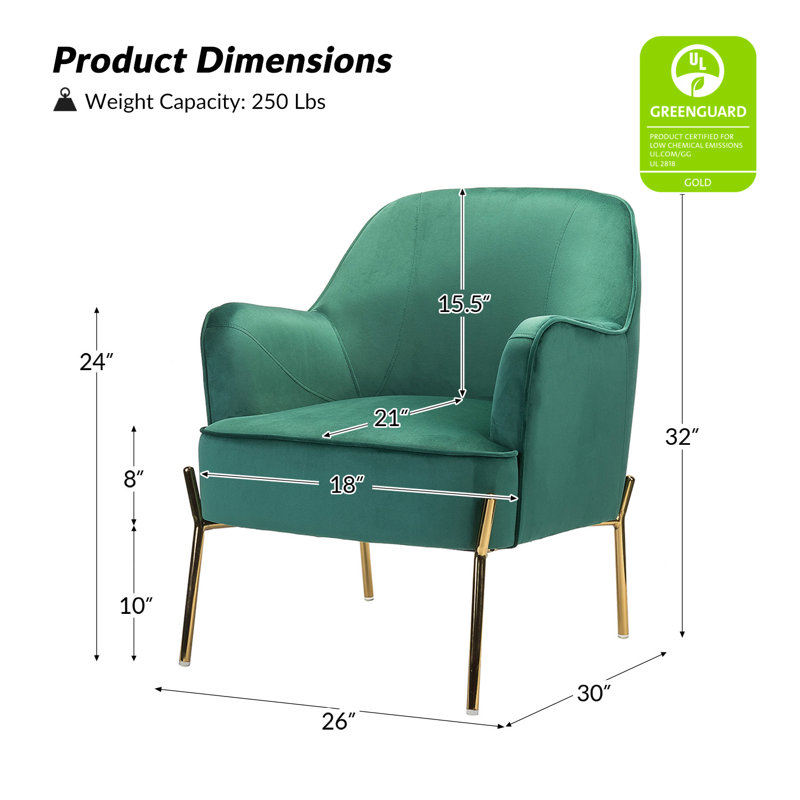 Cleo 26" Wide Contemporary Chair with Recessed Arms, Green Velvet