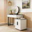 Coiffeuse moderne avec plateau en verre trempé, pieds à hauteur réglable, armoire de rangement multifonctionnelle et miroir rond