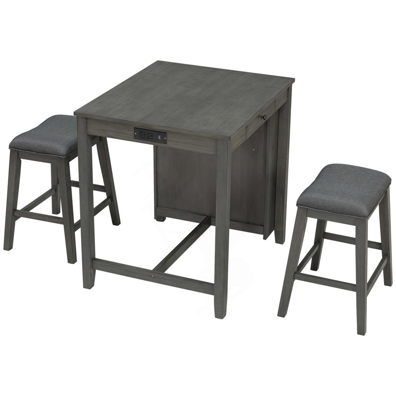 Ensemble de table de bar de 36 po de hauteur avec prise de courant, table basse industrielle avec 2 tabourets rembourrés, ensemble de 3 tables de bar et chaises pour le salon, la salle à manger