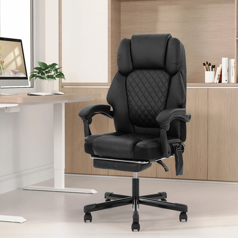 Fauteuil de direction réglable avec repose-pieds et soutien lombaire à massage ergonomique et chauffant, Noir