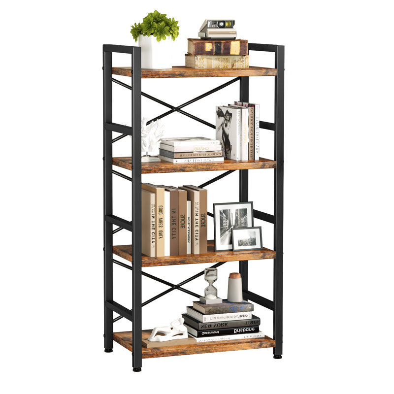 Homeiju Bookshelf, 4 Tier Small Bookcase, Organizers and Storage, Metal Small Bookcase, Rustic Book Shelf Organization and Storage for Living Room, Bedroom, and Home Office(Rustic Brown)