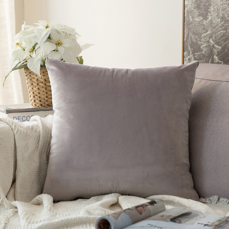 Housse et oreiller carré en velours, gris, 16 po x 16 po, Polyester