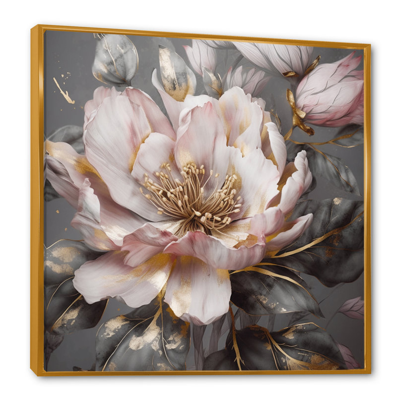 Rose et gris pivoines en fleurs III - pivoines, art mural, H 30 po x l 30 po, Cadre flottant doré