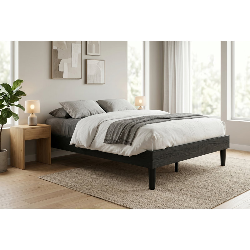 Cadre de lit plateforme Queen Size noir, 100 % polywood avec support à lattes en bois robuste, aucun sommier requis