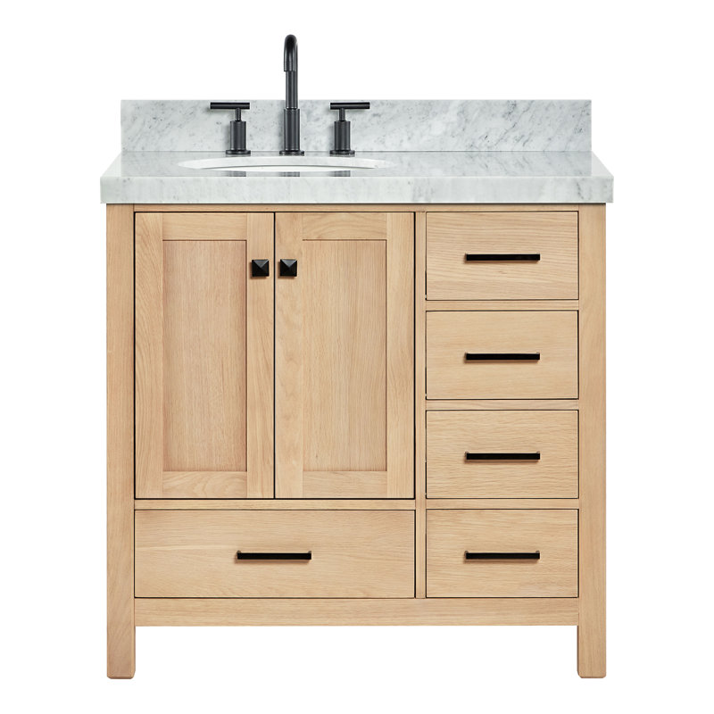 Ariel Cambridge 36 In. Right Offset Vanity With 2 In. Carrara Marble Countertop, Oak