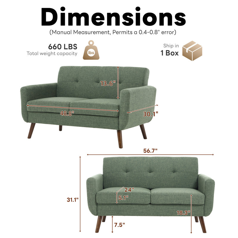 Canapé-lit capitonné 56,7 po de style Mid-Century moderne avec causeuse pour salon, Vert