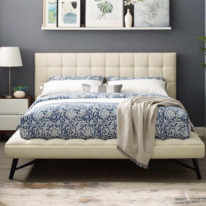 Julia Queen Biscuit Tufted Upholstered Fabric Platform Bed, Ivory