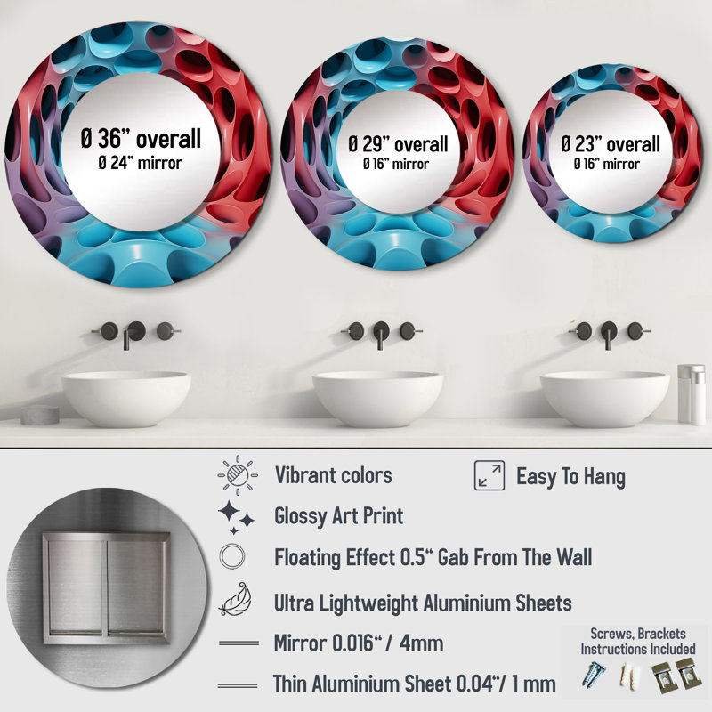 Shaneqwa Op Art Blue And Red Focus - Op Art Decorative Wall Mirror, Blue Large Round Mirror, Printed Metal Art, 23" x 23"