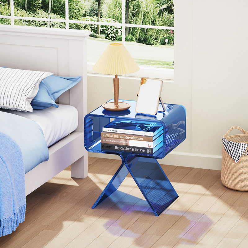 Betzabet Acrylic Side Table, Bedside Table Nightstand, Dark Blue