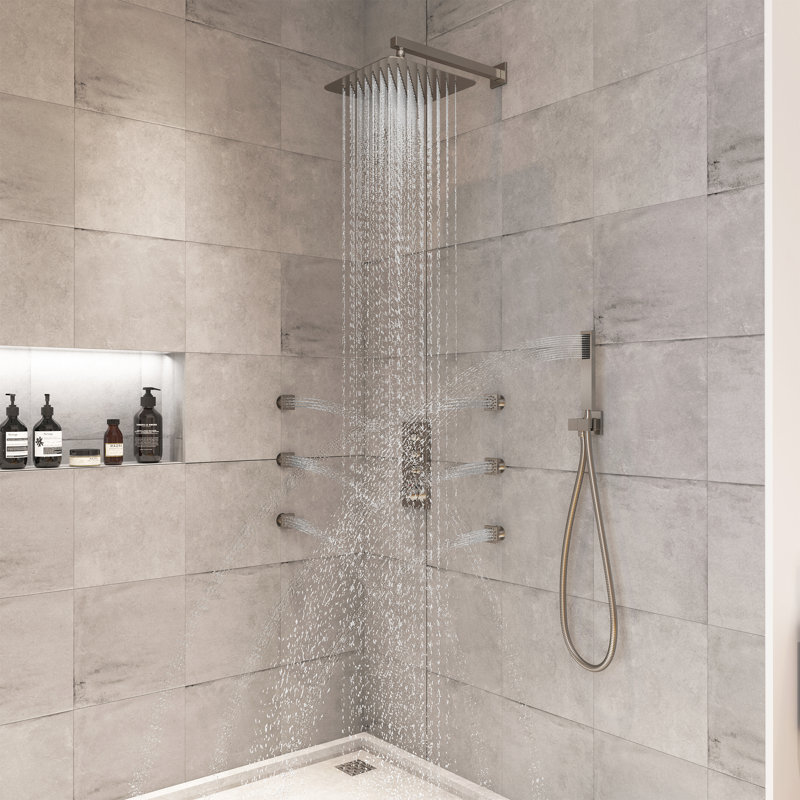 3 Functions 12 Inch Wall Mount Thermostatic Shower System with 6 Body Jets, Brushed Nickel