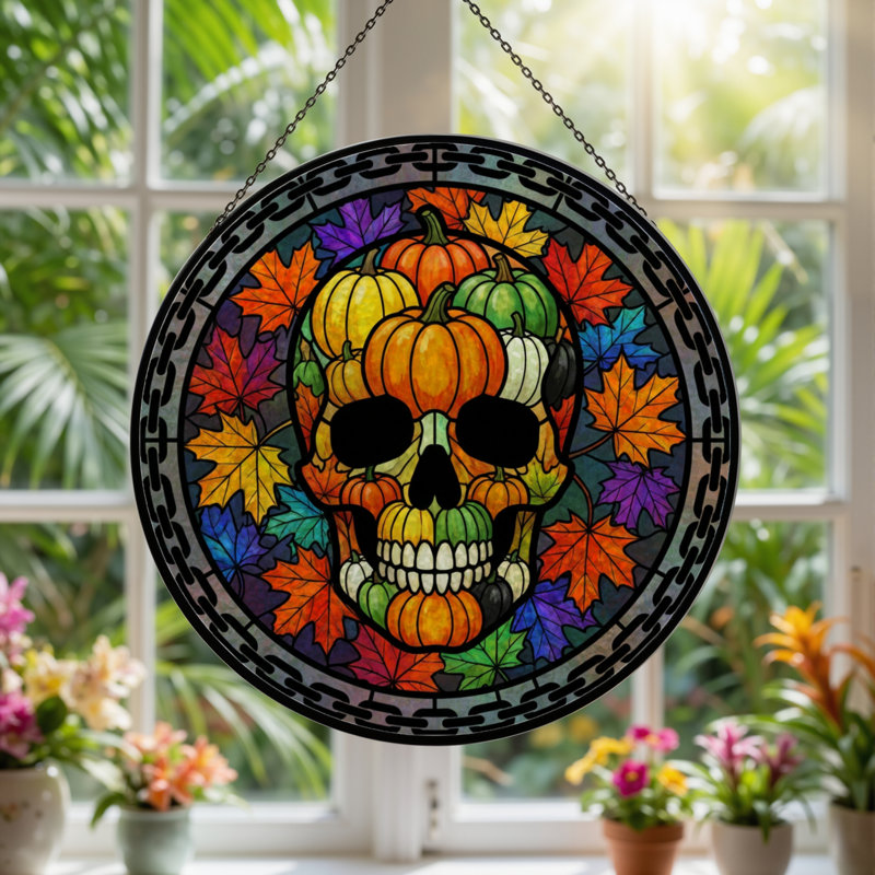 12"H Skull Pumpkins Stained Glass Window Panel