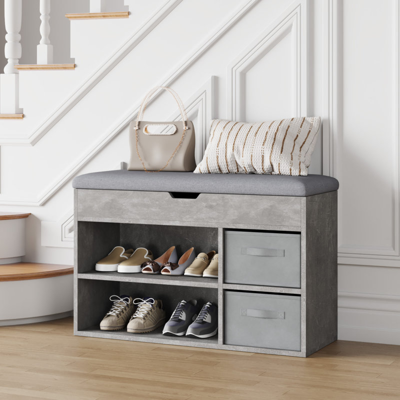 Shoe Bench With Fabric Drawer, Grey