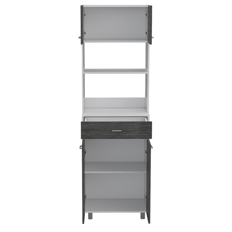 Auburn  Microwave Pantry Cabinet, Two Cabinets, Two Open Shelves, Drawer