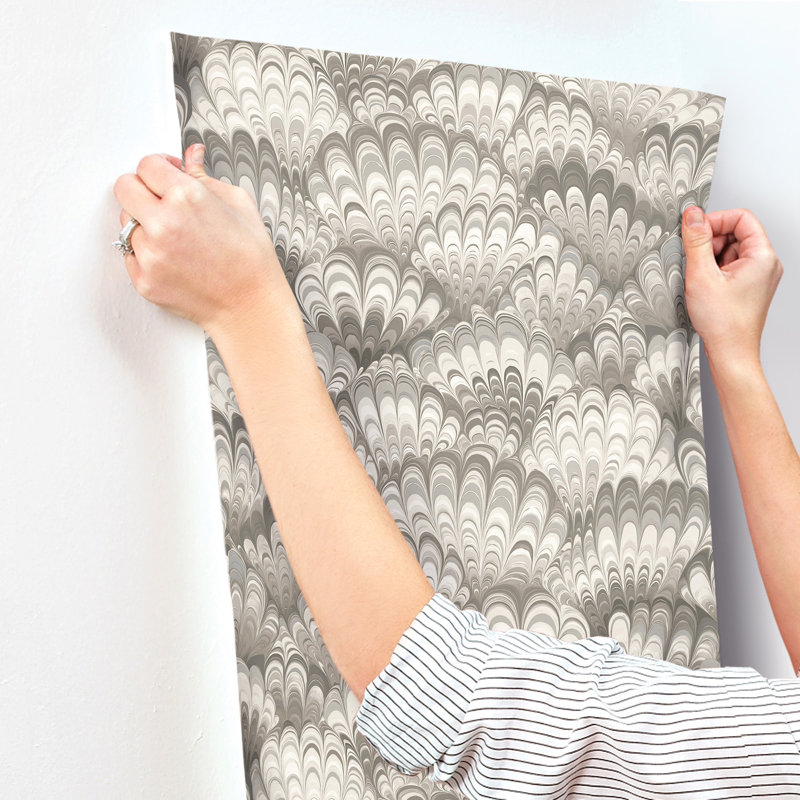 Octavia Dark Green Marbled Ink Wallpaper, Beige