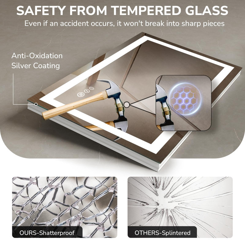 Frameless LED Bathroom Mirror 36x24 Inch, Tempered Glass, Wall-Mounted Vanity Mirror with Anti-Fog, 3 Colors Dimmable Light, Memory Function