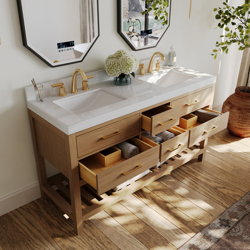 Elizabeth 60'' W Double Vanity, Oak/Rose Gold, Pure White Quartz