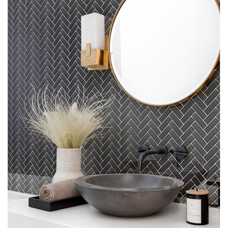 11"X 12.6" Herringbone Polished Glass Mosaic Tile, Ash Gray