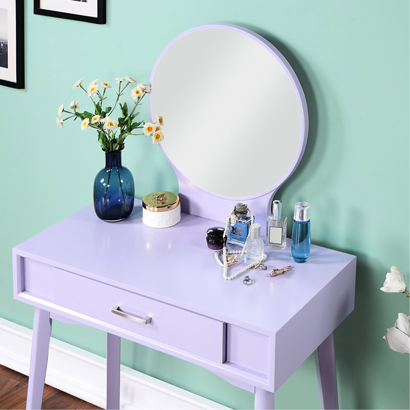 Meuble-lavabo contemporain en bois mauve - tiroir coulissant en métal pour un fonctionnement en douceur, tabouret de 16,08 po de diamètre, corps de tabouret moderne idéal pour la maison, miroir de 19,7 po de diamètre x H 17,52 po pour ajouter de l'élégance à la pièce