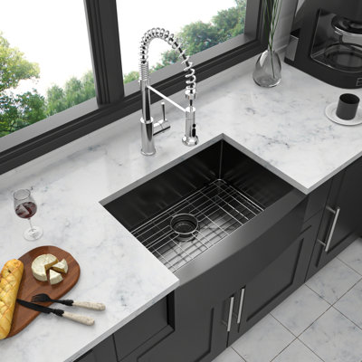 24 Inch Gunmetal Black Kitchen Sink - Stainless Steel 16 Gauge Apron Front Sink, Pot Bowl Collision Resistance, , Heat , Smooth Surface, Bottom, Excellent Drainage, R10 Rounded Corner, With Rack,