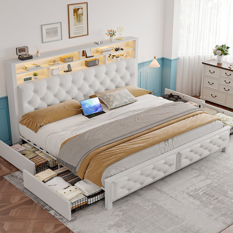  Upholstered Bed with Wood Frame, 4 Storage Drawers, Modern Bed Frame with Charging Station & LED Lights, Headboard Included,King/Beige