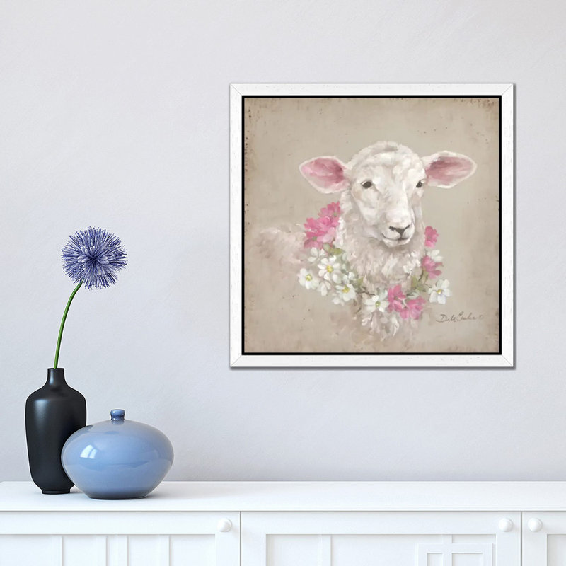 Sheep with Wreath 1 Piece Floater Frame Painting on Canvas, 45.72 cm H x 45.72 cm W, White