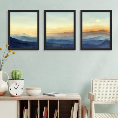 Abstract Landscape " IDEA4WALL Framed Watercolor Mountain Wall Art, Set Of 3 Morning Dawn Pastel Wall Decor Prints, Nature Wilderness Wall Décor For Living Room, Bedroom " 3 - Pieces