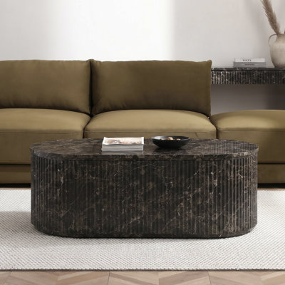 Modern Oval Marble Veneer Coffee Table With Fluted Ribbed Sides - Faux Marble Beige Stone Top, Textured Sculptural Base, Minimalist Living Room Center Table - Fully Assembled - 47.2"W