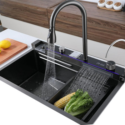 29.5 X 18 Inch Digital Display Embossed Stainless Steel Nano Raindance Waterfall Sink With Pressurized Cup Washer And Two Waterfalls Smart Digital Display