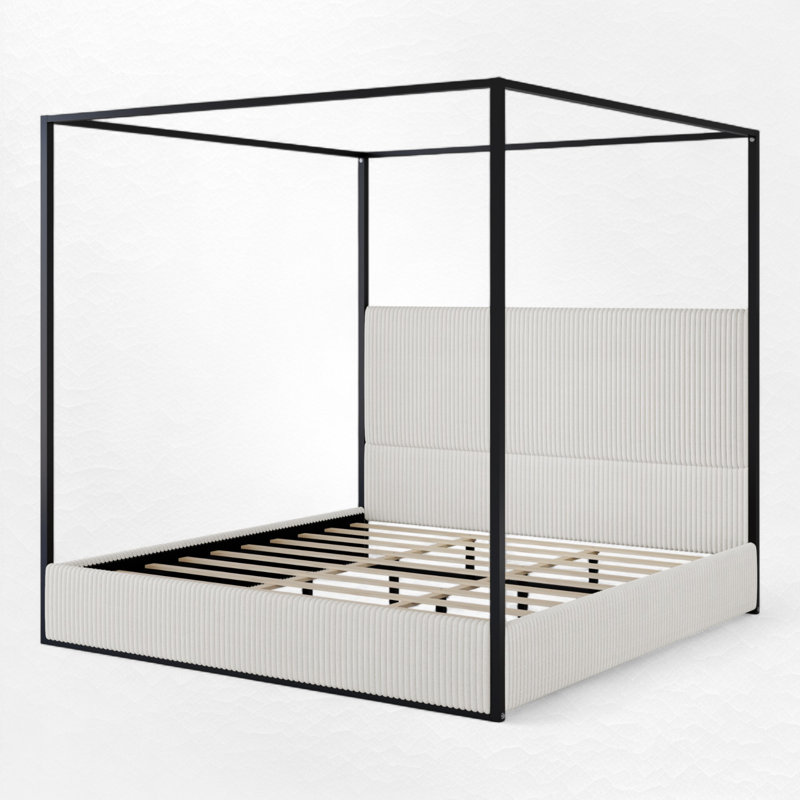 Upholstered Metal Canopy Bed, White/Black, King