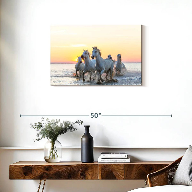 Chevaux de camargue Brampt au coucher du soleil, H 20 po x l 30 po