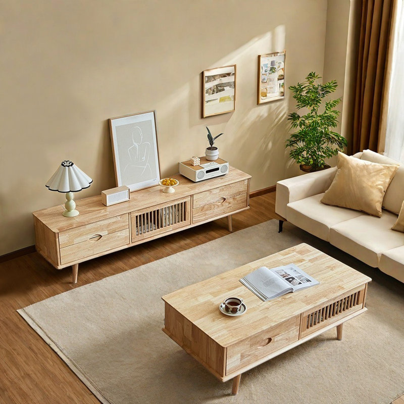 Table basse en bois massif jumelée à un meuble télé