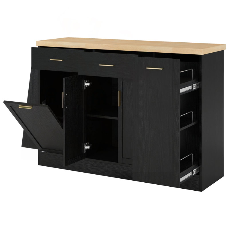 Multi-Functional Storage Sideboard with Trash Can Storage, Sliding Door Cabinet & 3-Tier Spice Rack (Black), Black