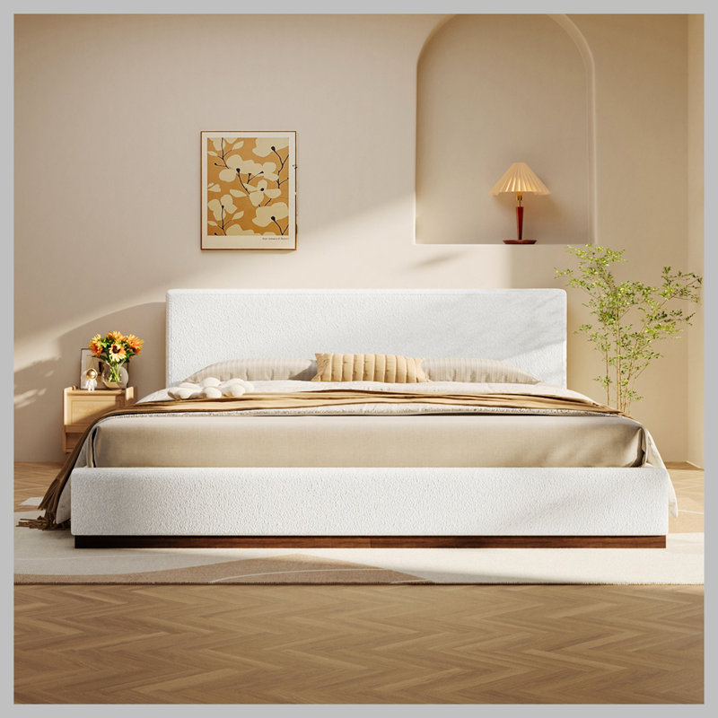 Boucle Upholstered Bed With Solidwood Frame & Support Slats, Très grand lit, Blanc / Brun foncé