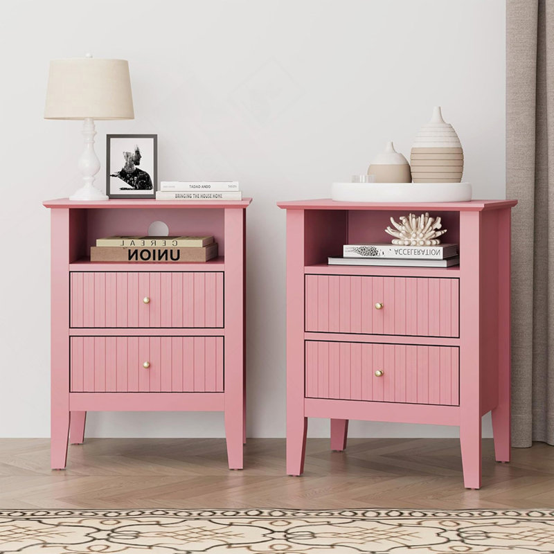 Ensemble de table de chevet 18 po à 2 tiroirs cannelés 18 po, rose moderne avec rangement