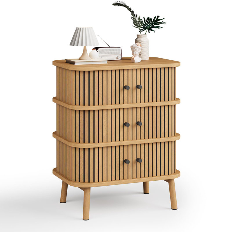 Fluted 3 Drawers Nightstand With Sliding Door