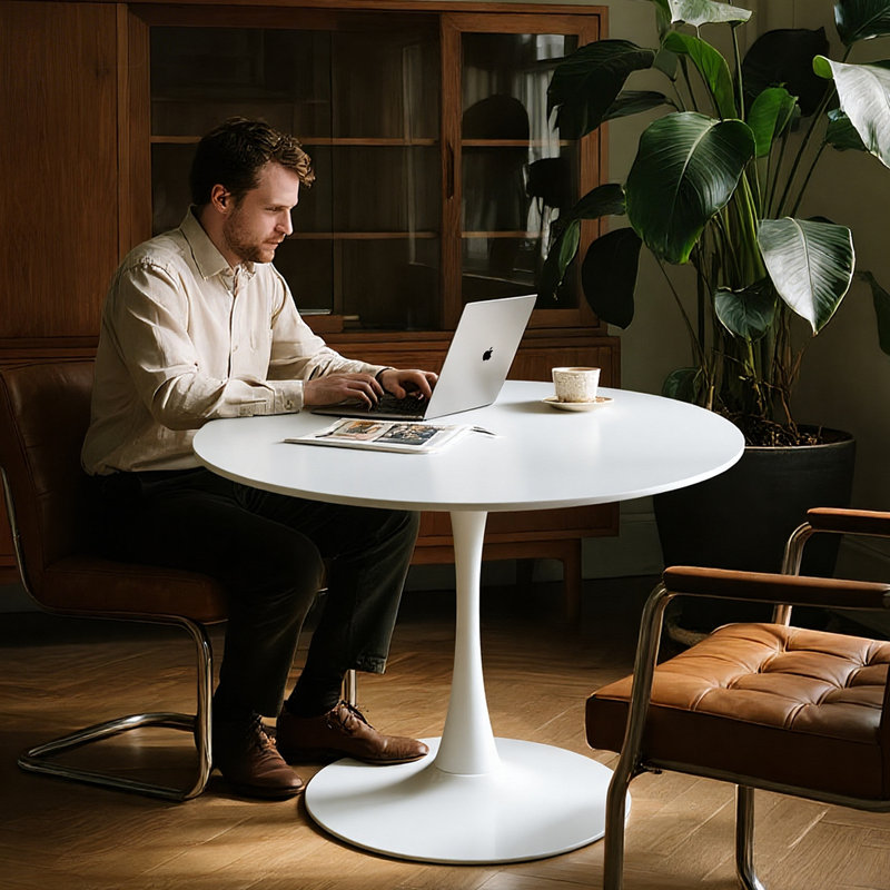 Une table de salle à manger ronde de luxe légère, équipée d'une élégante base en métal en forme de tulipe et d'un plateau de table en panneau de fibres à densité moyenne, présente un style médiéval moderne dans son ensemble
