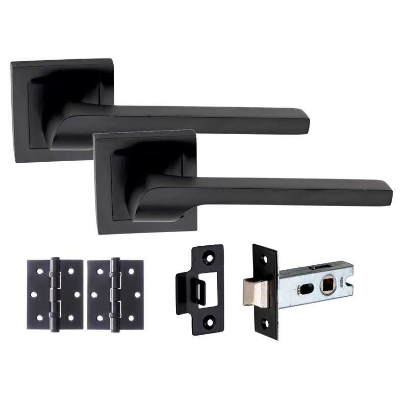  1 Set Sigma Design Door Handles on Square Rose in Matt Black Finish with 64mm Latches and Pair of 3" Ball Bearing Hinges