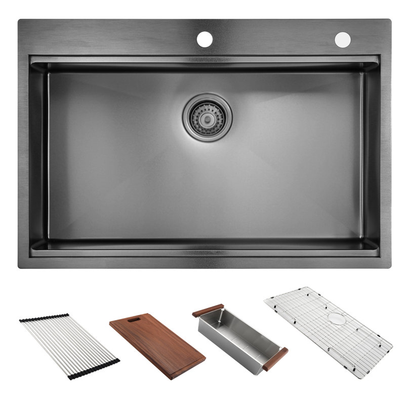 Évier de cuisine 36 pouces en acier inoxydable noir de calibre 16 avec barrière et système de drainage efficace X Groove
