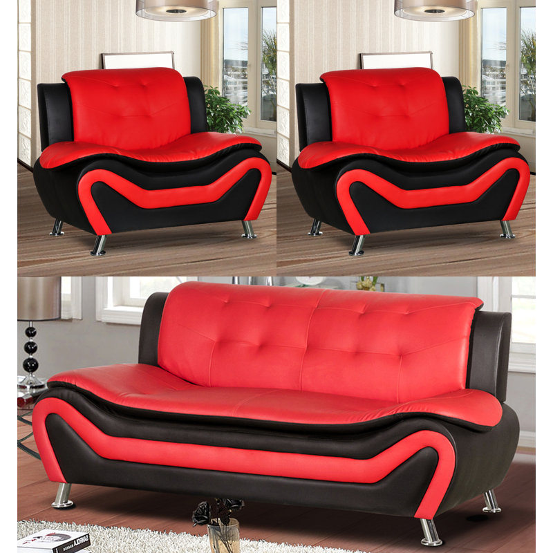 Ensemble de salon 3 pièces Bathsheba, Simili cuir noir / rouge