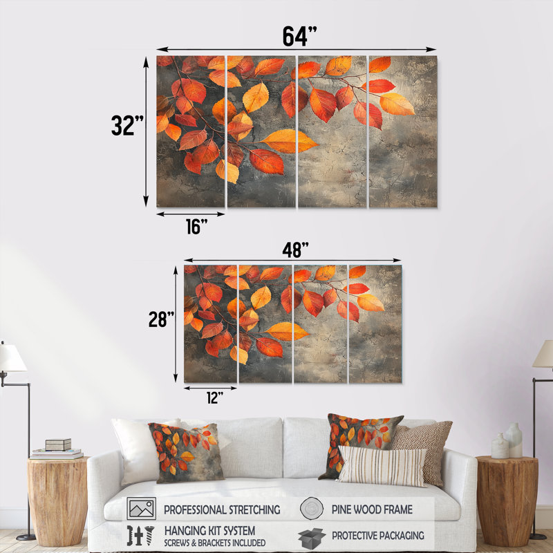 Feuilles d'automne orange IV - - Art mural d'automne - Toile d'art murale traditionnelle, H 28 po x l 48 po, 4