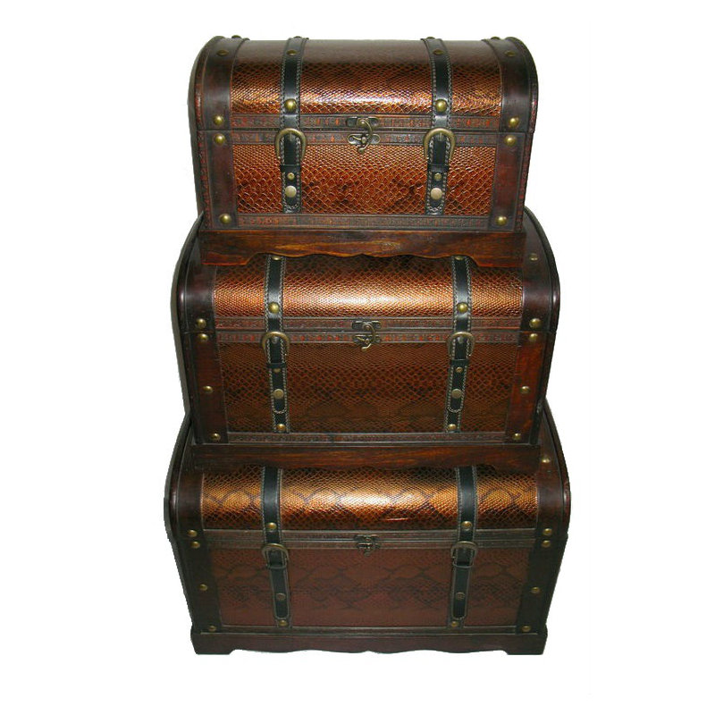 Decorative Antique Brown Wood and Faux Snakeskin Storage Box