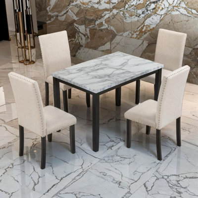 Faux Marble 5-Piece Dining Set Table With 4 Thicken Cushion Dining Chairs Home Furniture, White/ Beige+Black -  Red Barrel Studio®, 37A5F6D1BA514B91B66B80AE501786EA