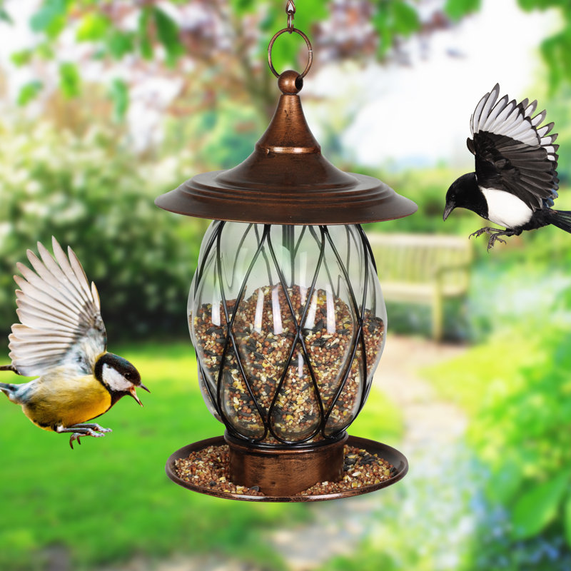 Solar Bronze Metal and Glass Hanging Bird Feeder
