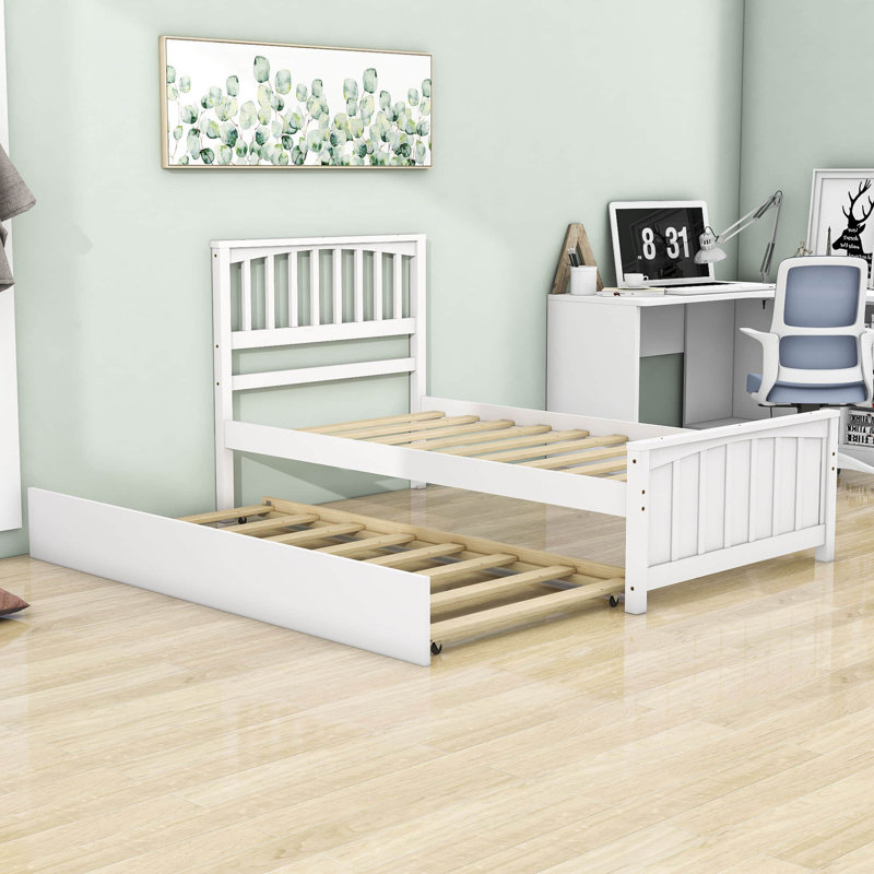 Twin Size Platform Bed with Trundle, White