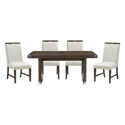 Modern Dining Set 5Pcs Extendable Table With 4X Side Chairs Upholstered Comfort Durable Metallic Accent Table Base Wooden Furniture