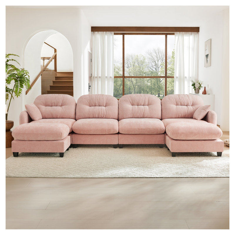 Canapé modulaire rose en U modulaire en forme de U avec repose-pieds, canapé doux en chenille touffeté, Chenille rose