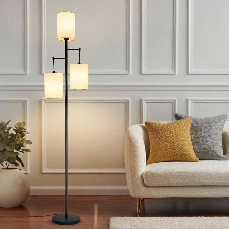 Lampe sur pied à branches 71 po avec 3 abat-jours cylindriques en lin et base noir mat