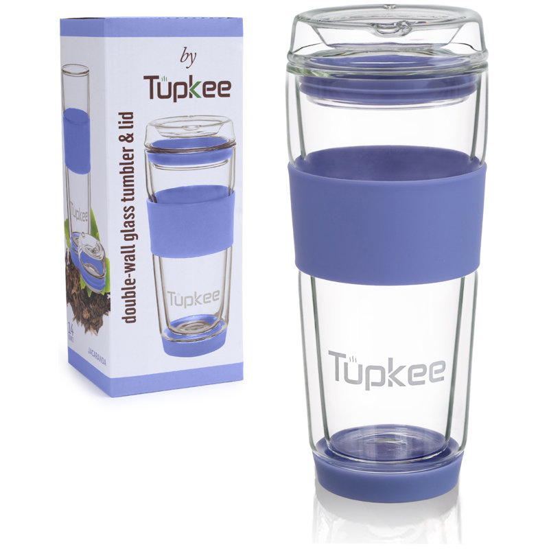 Gobelet de voyage à double paroi en verre avec couvercle en verre, tasse à café et thé isotherme réutilisable, Jacaranda, 1