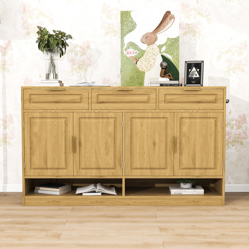 Sleek Wood Sideboard Buffet Cabinet with Adjustable Shelf, 3 Drawers, 4 Doors and Open Storage, Natural