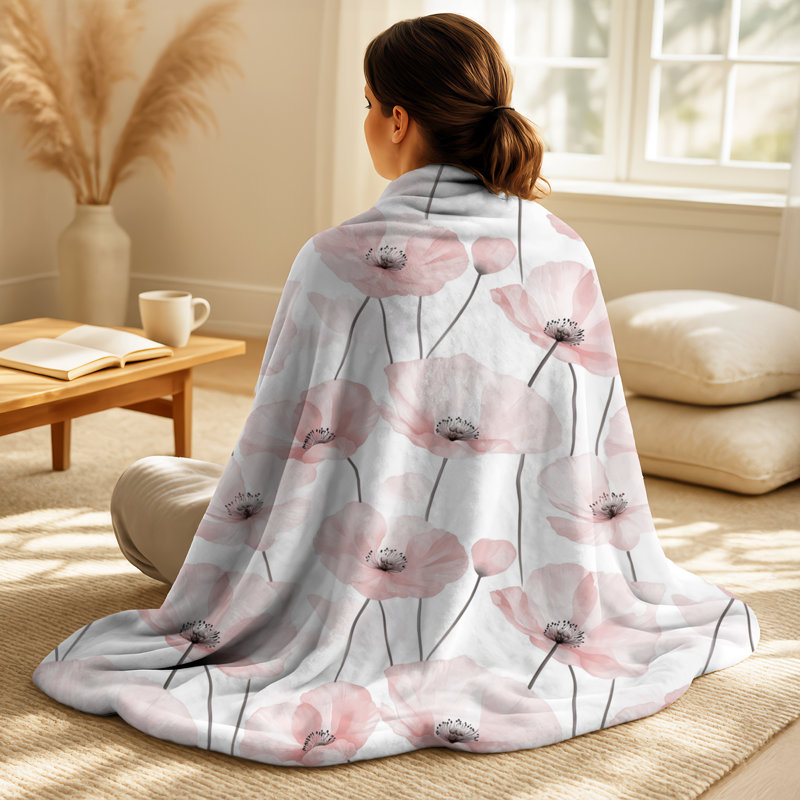 Blush Poppies III – Floral Cozy Blanket, Classic Soft Throw, Light Pink/White Floral